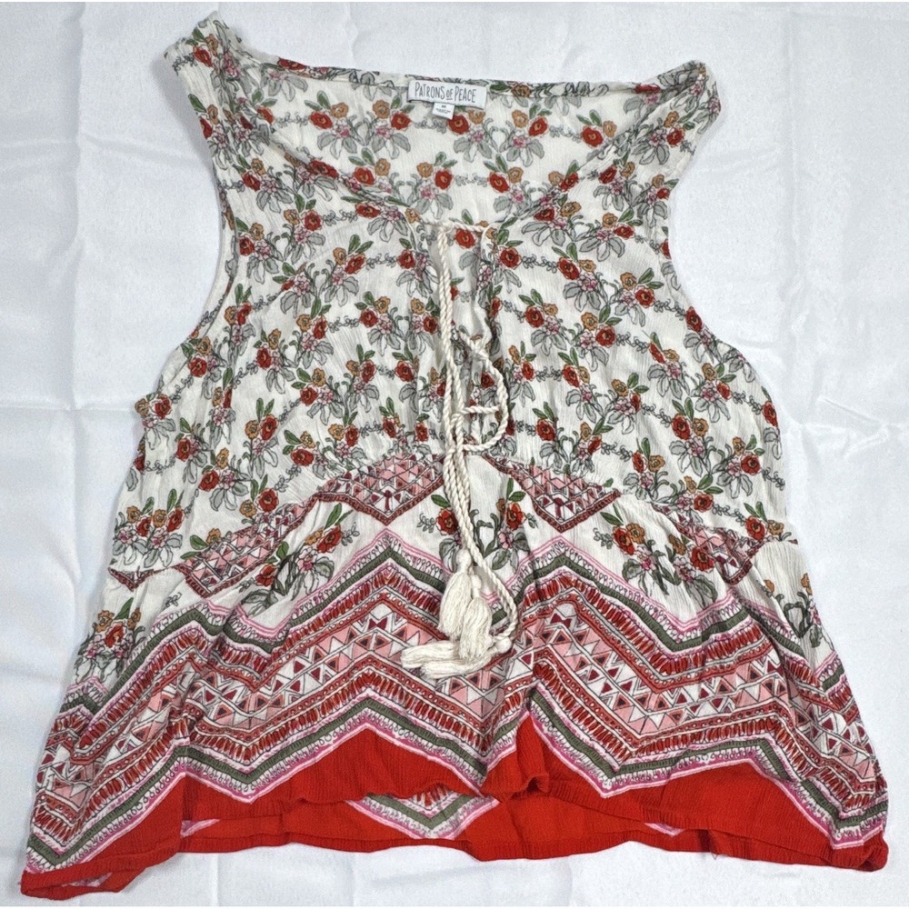 Patrons of Peace Women's Multicolor Floral V-Neck Tie Tassel Rayon Top Size M
